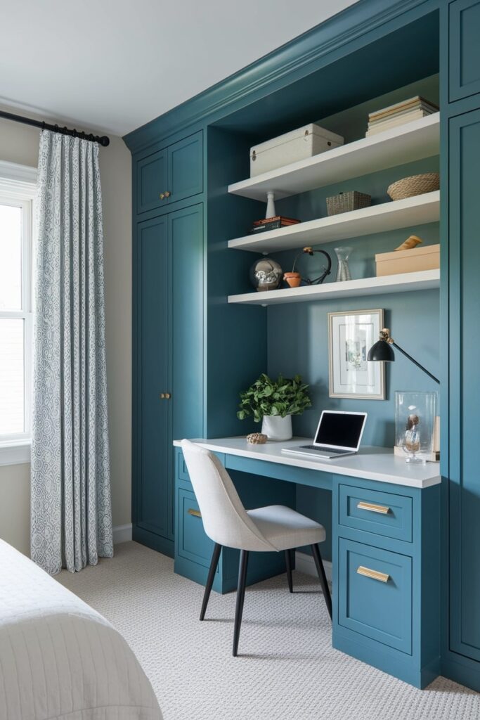 blue built-ins with desk home office in the bedroom