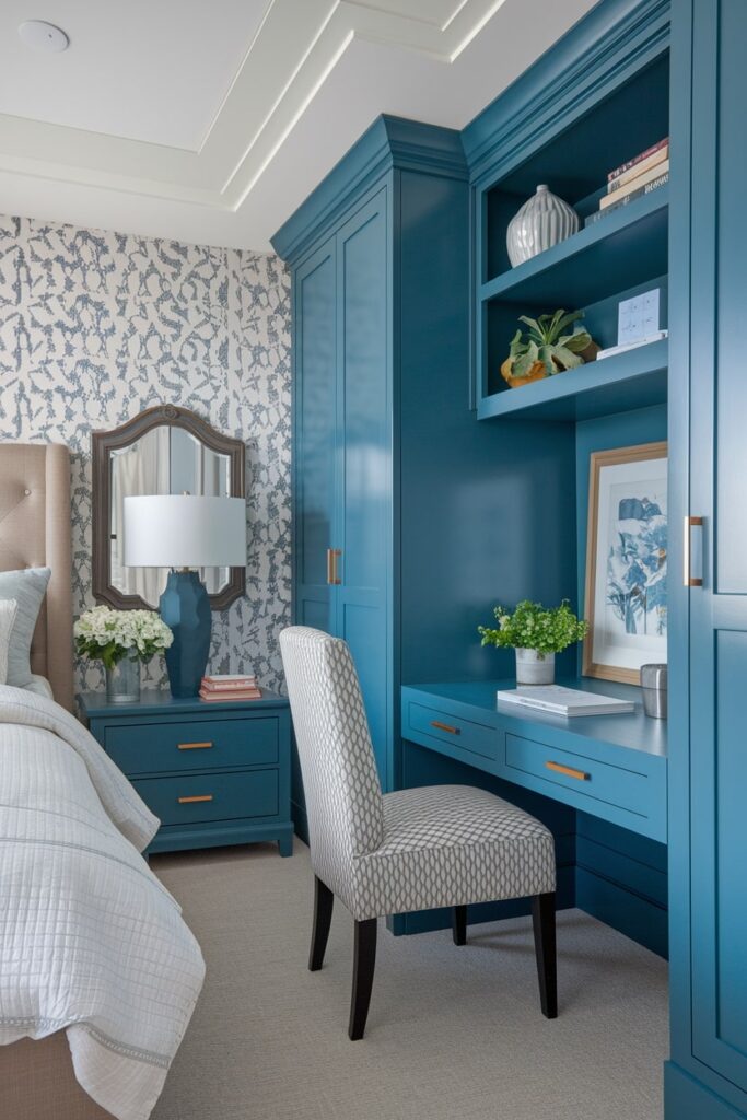 blue color workspace cabinets and nightstand in the bedroom