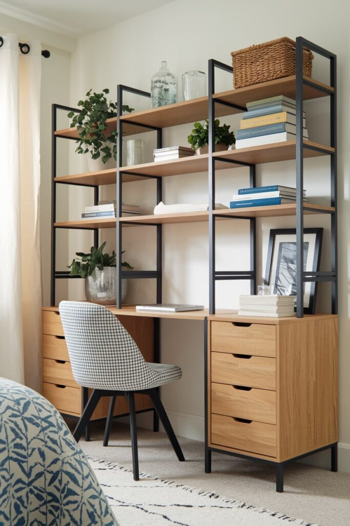 bookshelf desk combo workspace in the bedroom