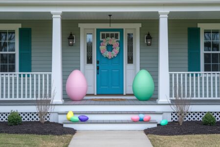Easter front porch with oversized pastel eggs decorations