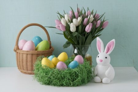 Easter home decor, colorful eggs, a white bunny toy