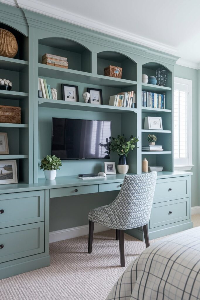 green bedroom workspace with monitor as a TV