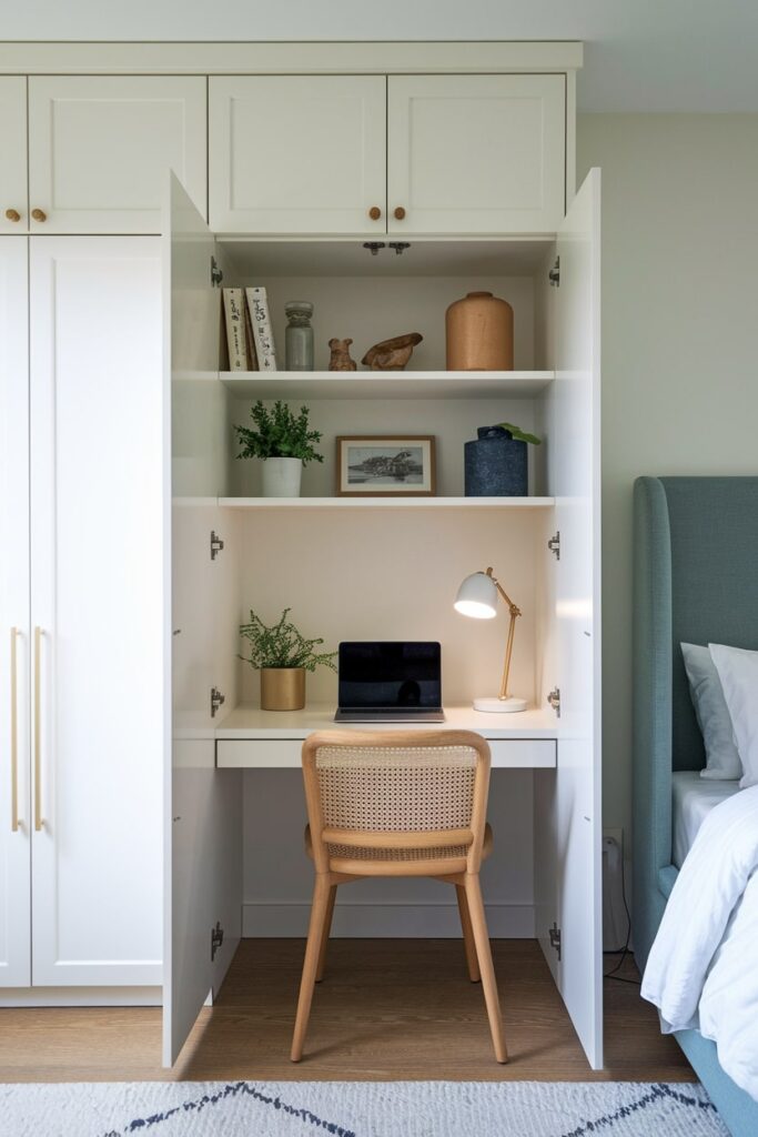 hidden desk in the white cabinet in the bedroom office