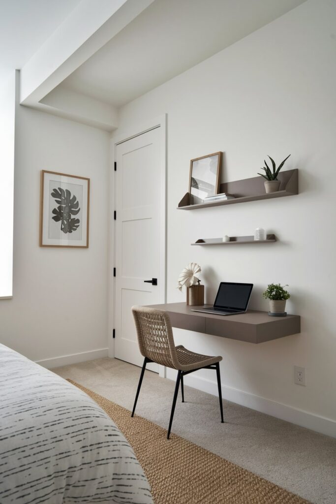 modern bedroom office with a floating wall desk