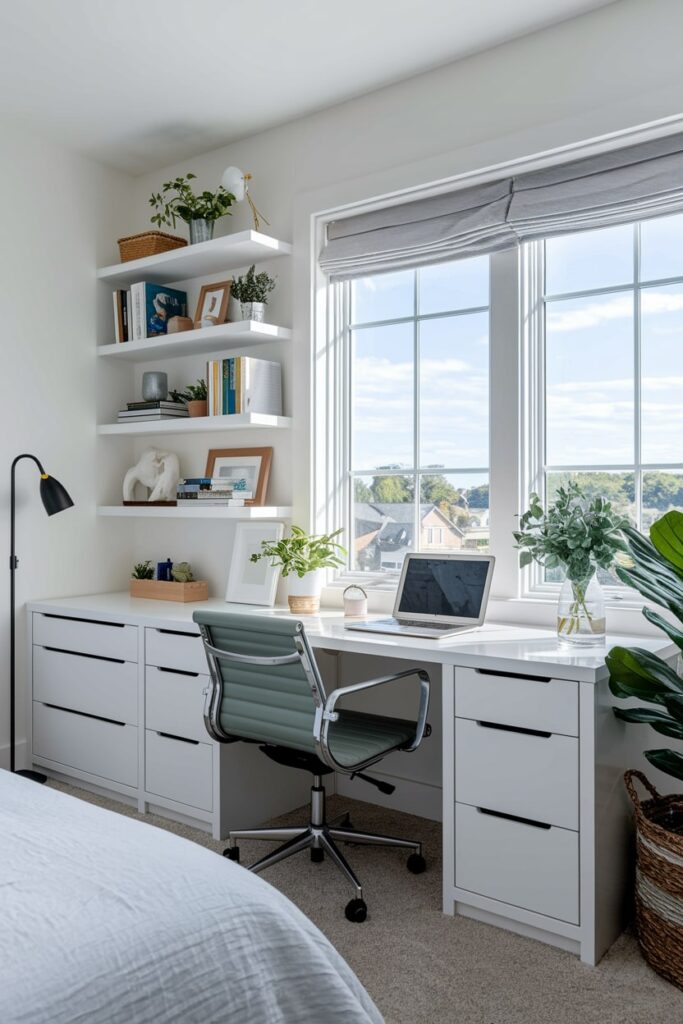 modern bedroom office with white window facing desk