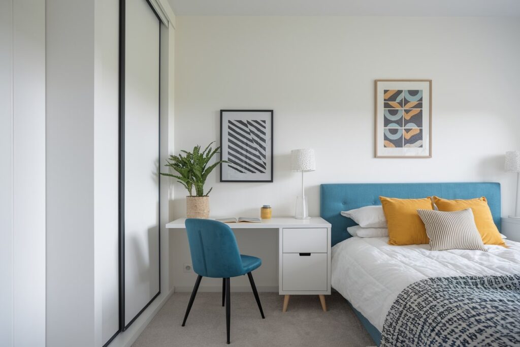 27 Bedroom Office Ideas for Working Comfortably from Home modern bedroom workspace, blue chair and headboard, white desk