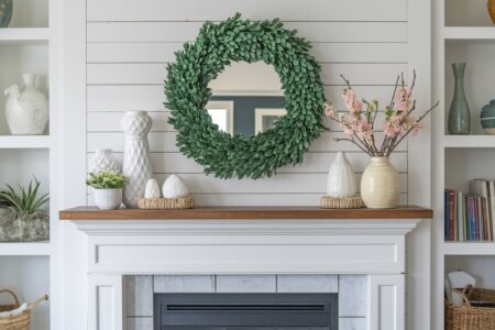 modern mantel with spring decorations, spring wreath