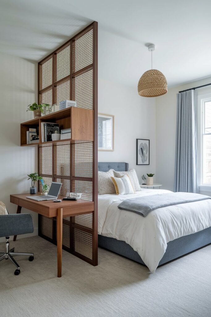 room divider between workspace and a bed