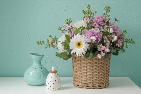 spring home decor, decorative vase, rattan pot with flowers