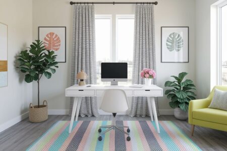 spring home office decor colorful rug, botanical prints, flowers in the white vase on the desk