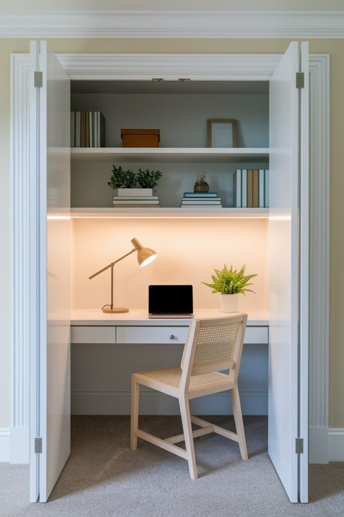 white closet office cloffice with wooden chair