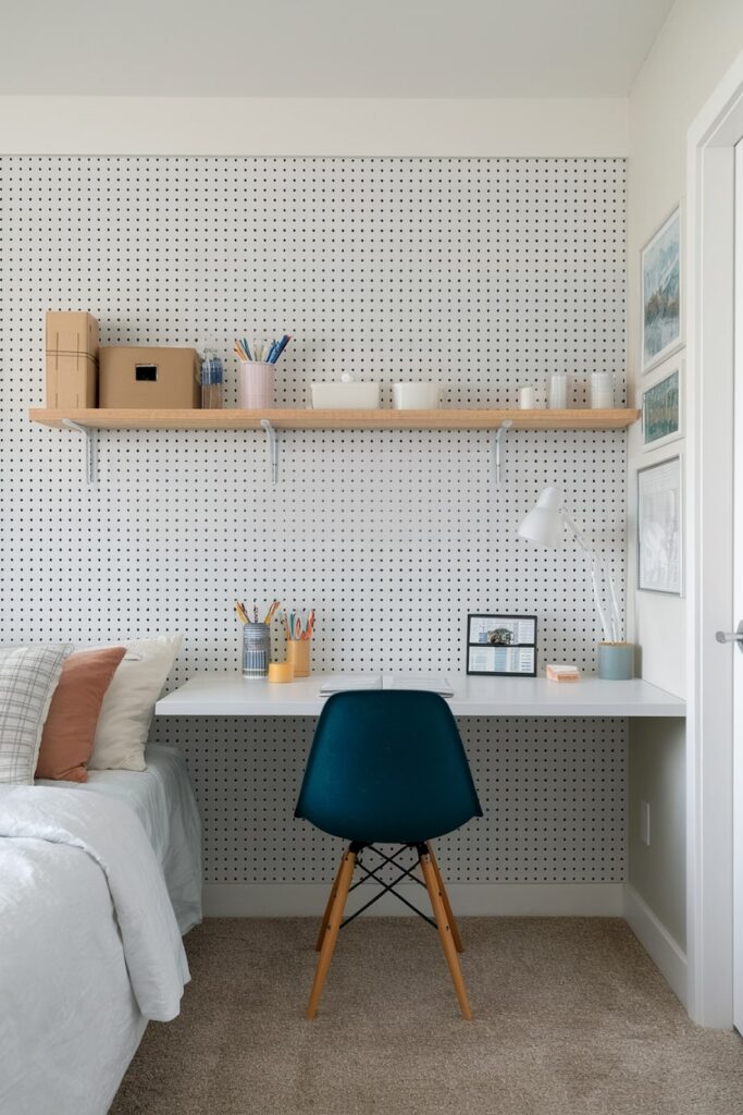 white pegboard in the bedroom workspace
