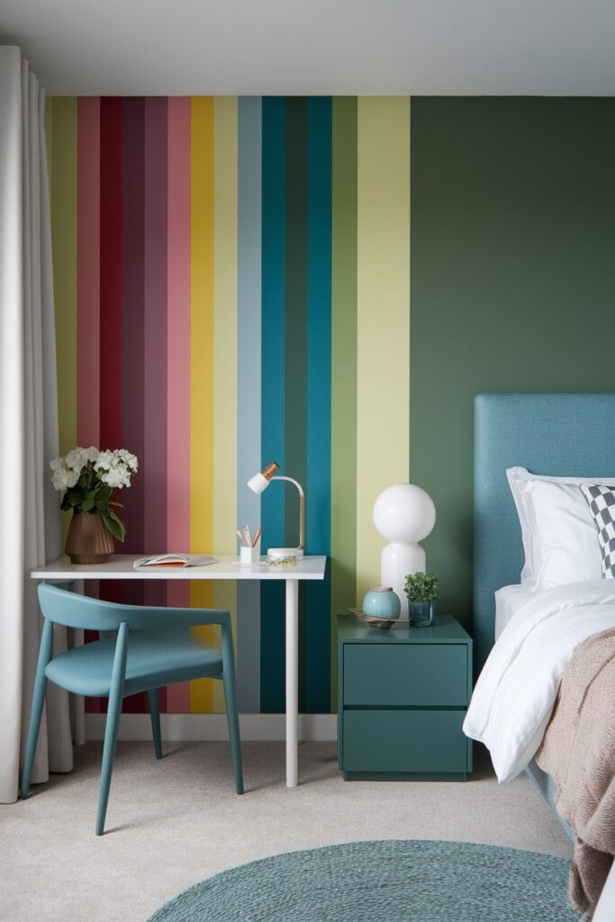 workspace in the bedroom with colorful accent wall