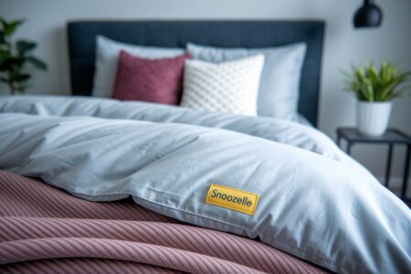 close shot of the bedding with yellow brand label