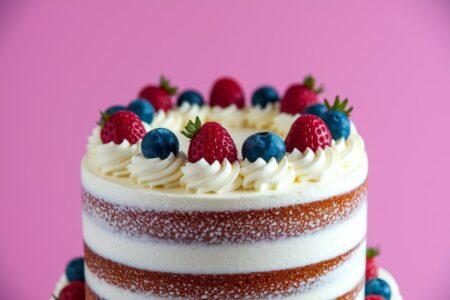 close shot of the gorgeous cake with berries on top, pink solid color background