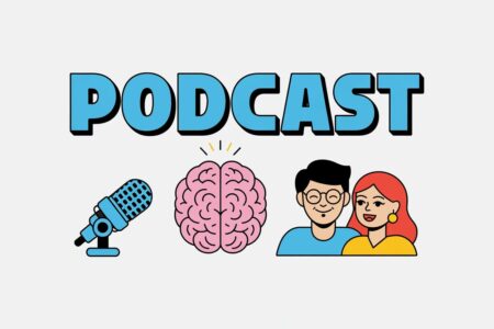 colorful podcast text, mic, brain, male, and female