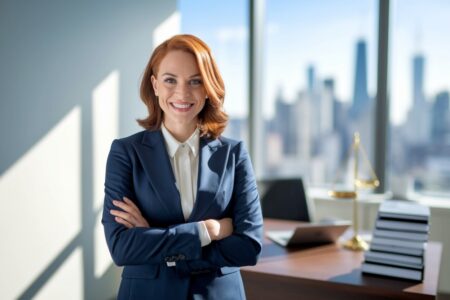 confident redhead female lawyer in the law firm office