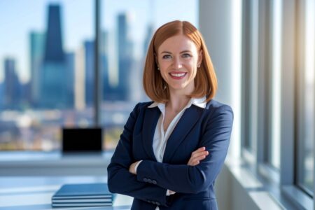 confident redhead female financial consultant wearing blue suit in the consulting company office