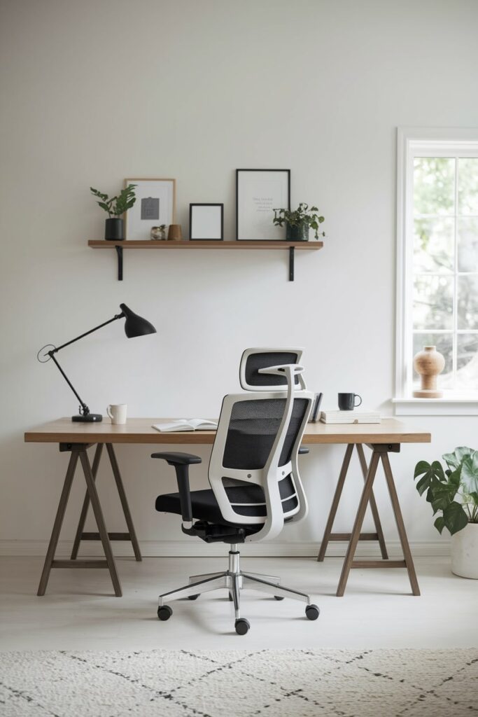 ergonomic chair in the minimalist home office, white wall, wooden desk
