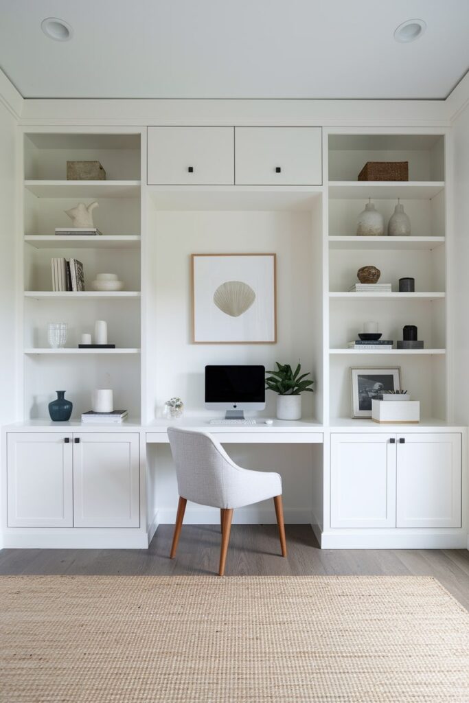 white floor to ceiling built-ins in the minimalist home office