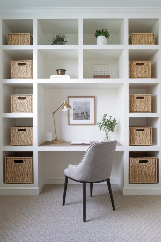 identical storage baskets in the minimalist home office