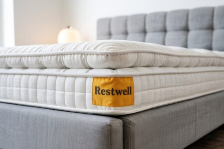 mattress with yellow brand name label