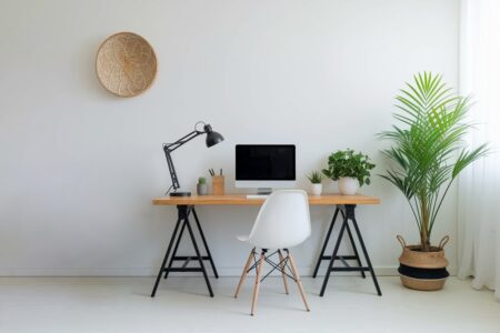 minimalist home office, white wall, white chair, wooden desk with black legs, plants