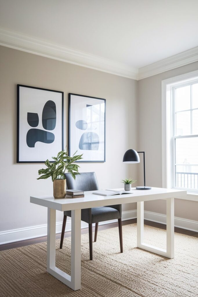 minimalist home office with a sleek black desk lamp, white desk