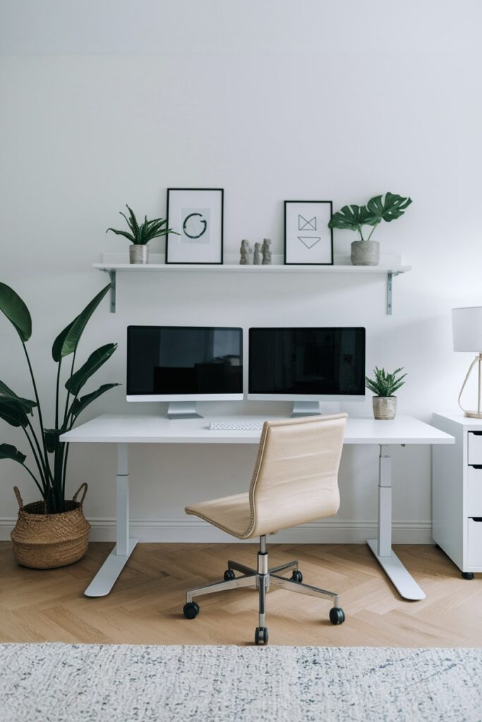 minimalist home office with two monitors, beige chair, white adjustable desk (standing and sitting)