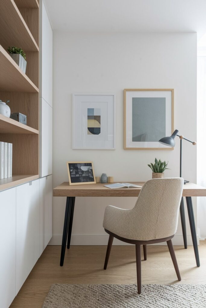 minimalist home office, wooden desk, black metal lamp, soft chair, white walls and built-ins