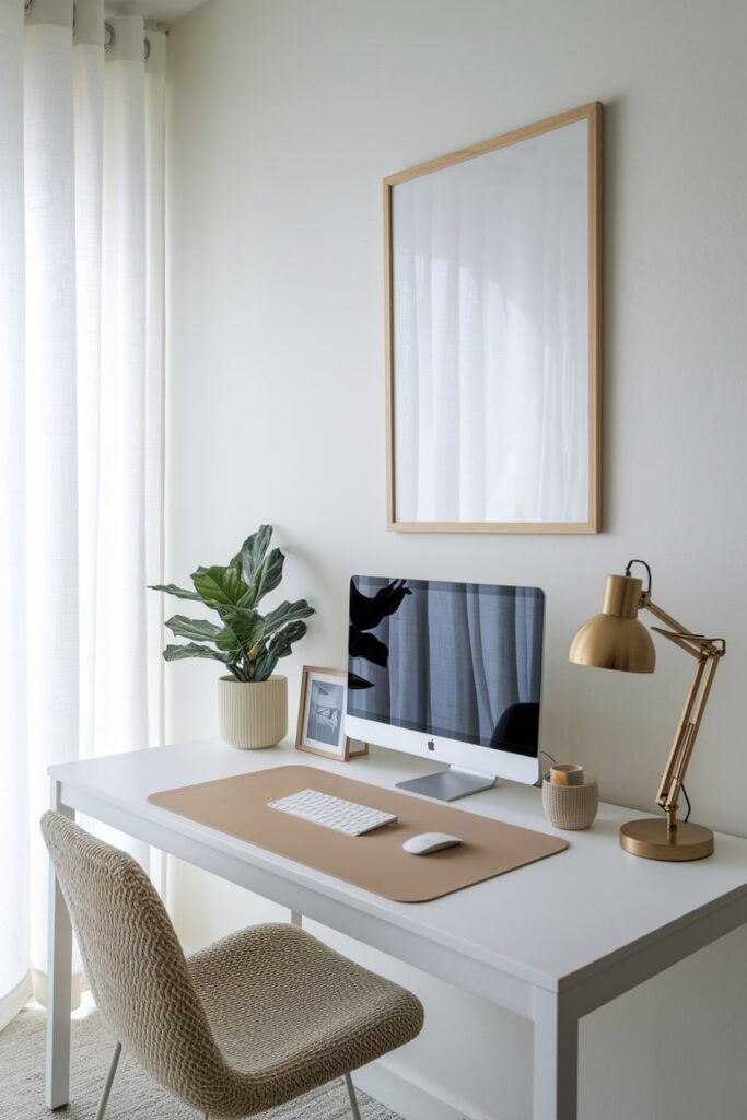 minimalist workspace, neutral pad on the white desk