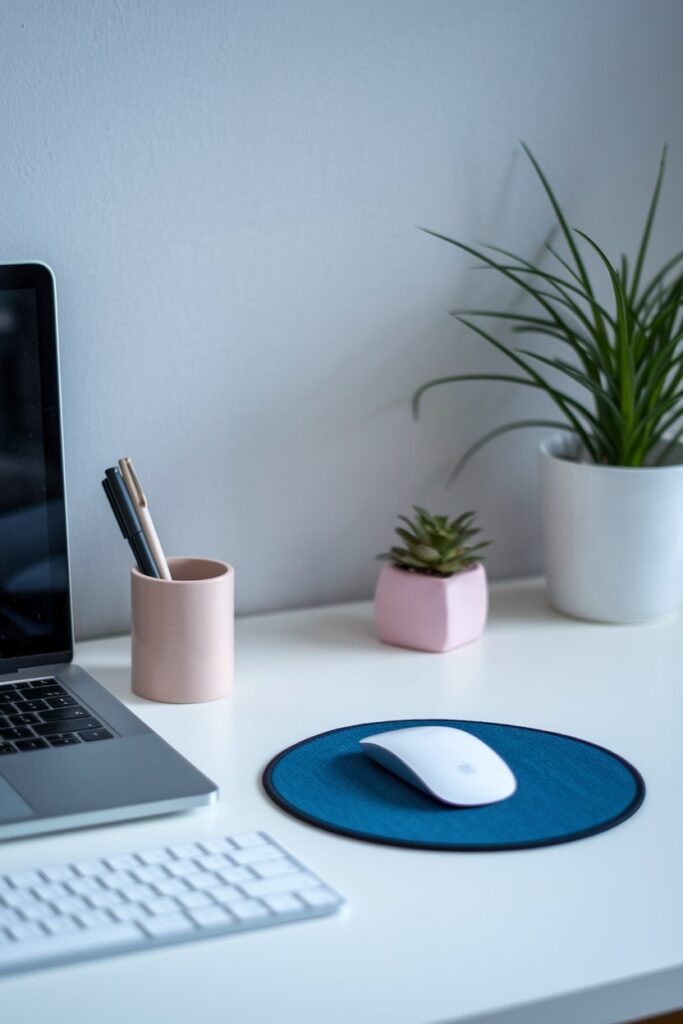 minimalist workspace with cylindrical pen holder, round mouse pad