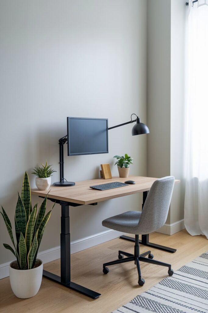 minimalist workspace with monitor arm, gray chair, light gray walls
