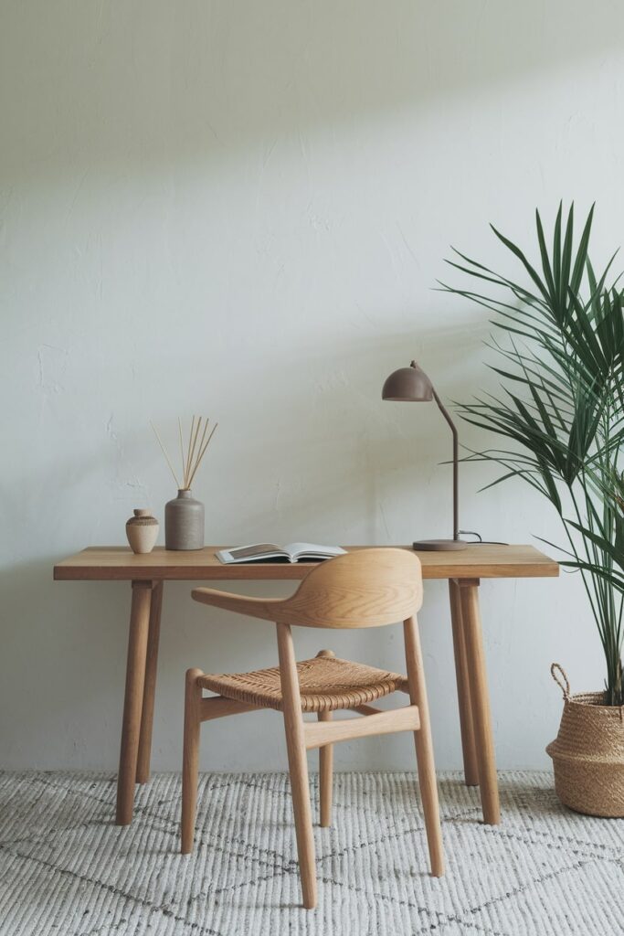 minimalist workspace with a one natural scent, wooden desk and chair