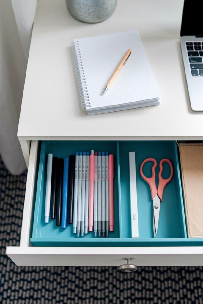 minimalist workspace with a set of pens and scissors in the drawer