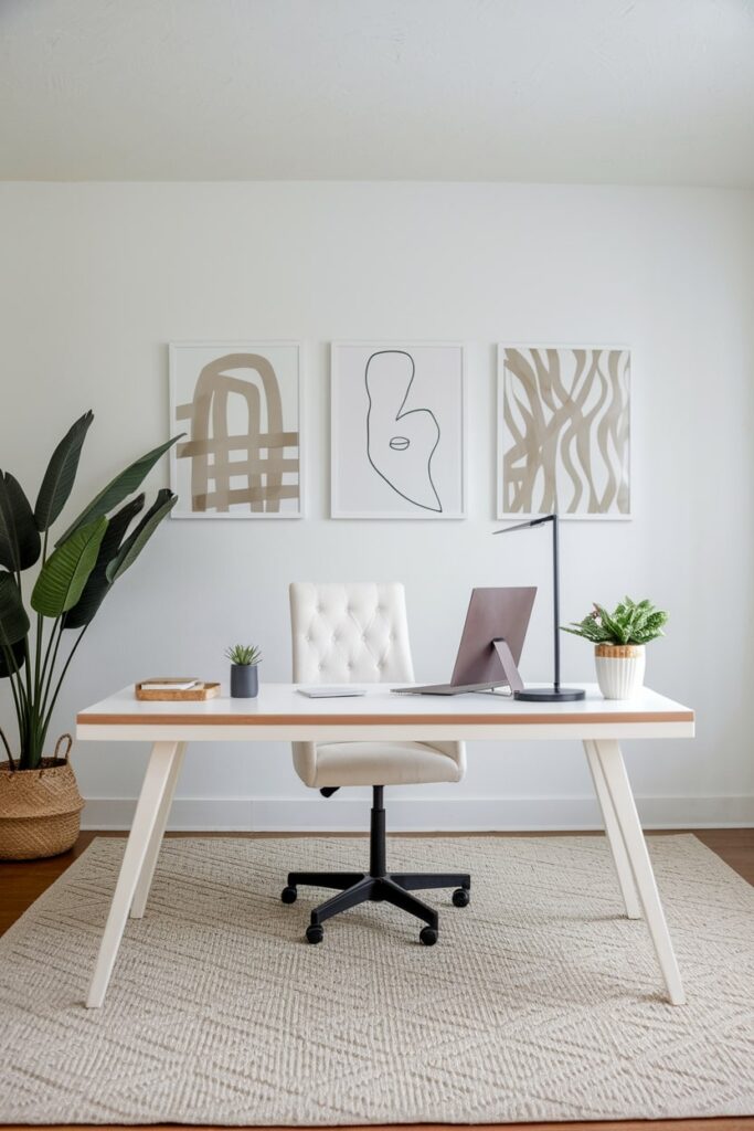 neutral color minimalist home office, beautiful abstract wall art