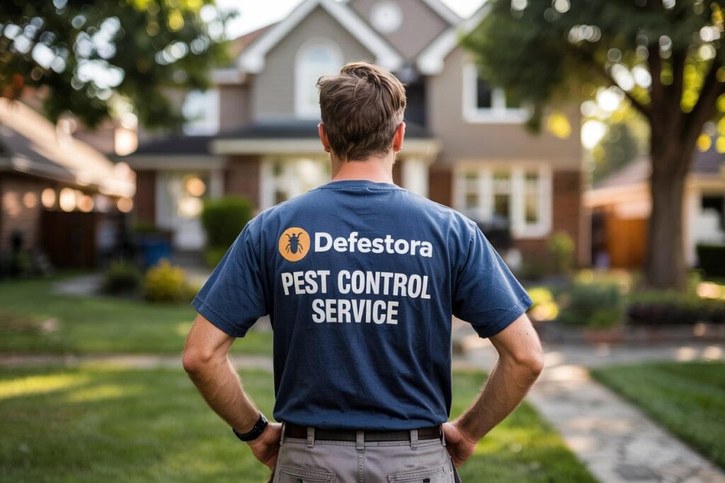 pest control worker standing backwards in branded t-shirt