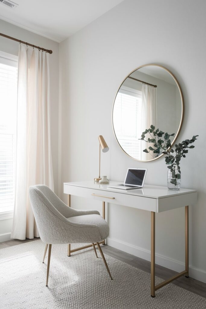 round mirror above minimalist workspace, white desk with golden frame, light soft chair