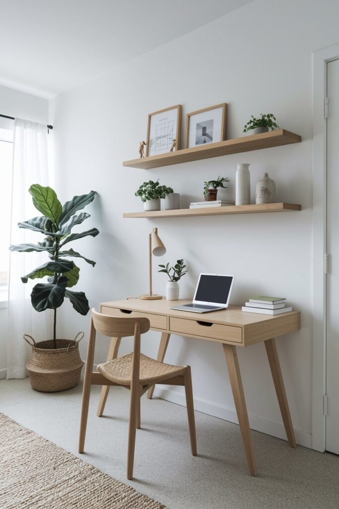 Scandinavian inspired wood elements in the minimalist home office