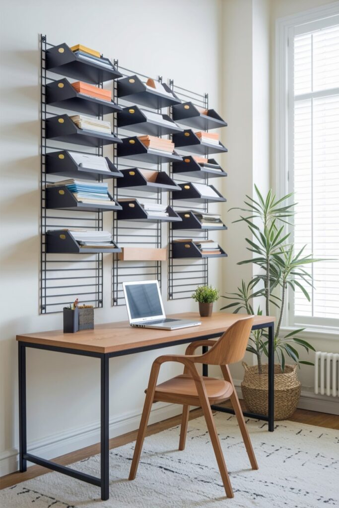 vertical file management above minimalist workspace with wooden desk and chair