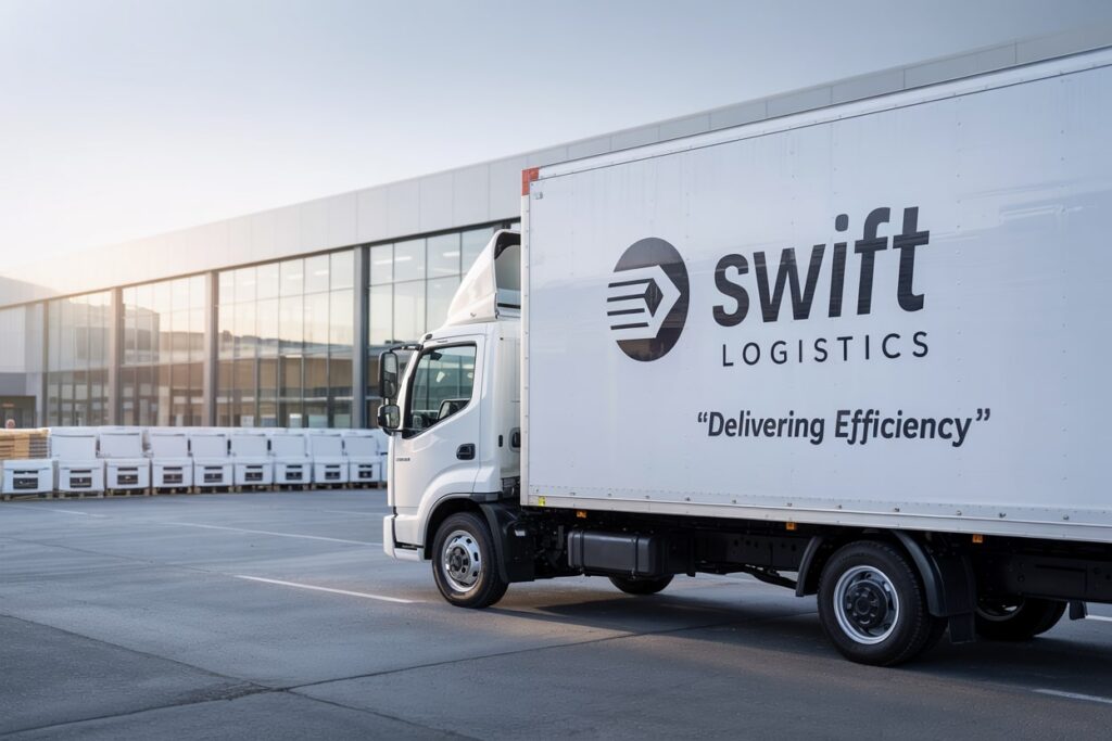 white logistics company truck with a black logo near the warehouse