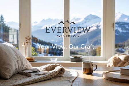 window company ad photo with a view of snow capped mountains
