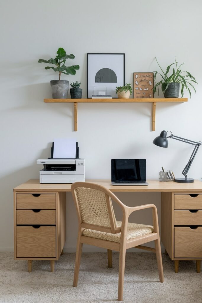 wooden furniture in the minimalist home office, scanner printer on the desk