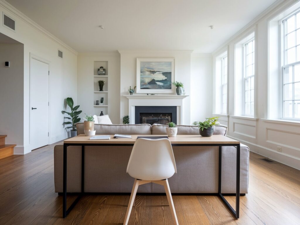 behind the sofa console desk as a small home office