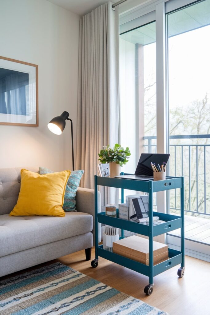 blue rolling cart loaded with laptop and office supplies, gray couch with accent yellow pillow