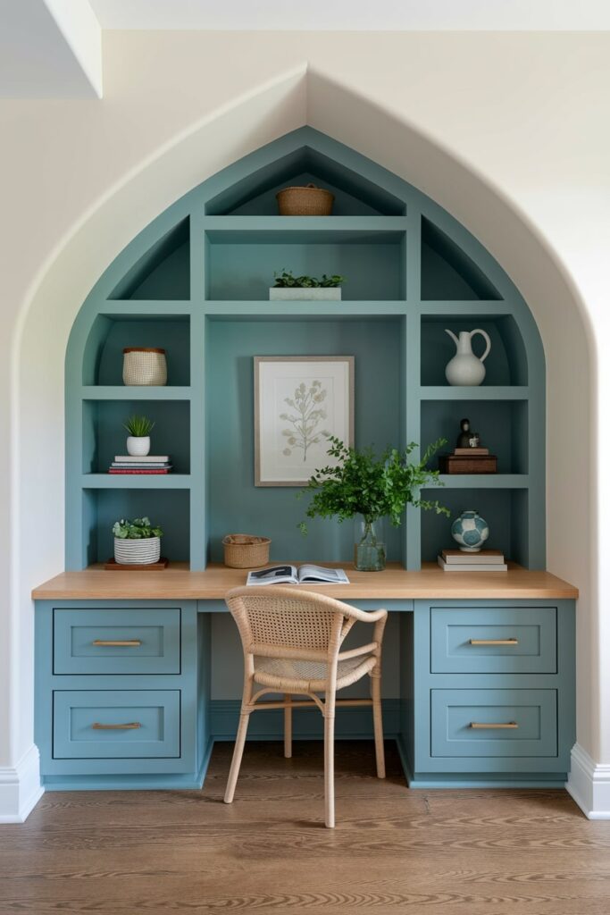 built-in alcove desk small home office, wooden chair