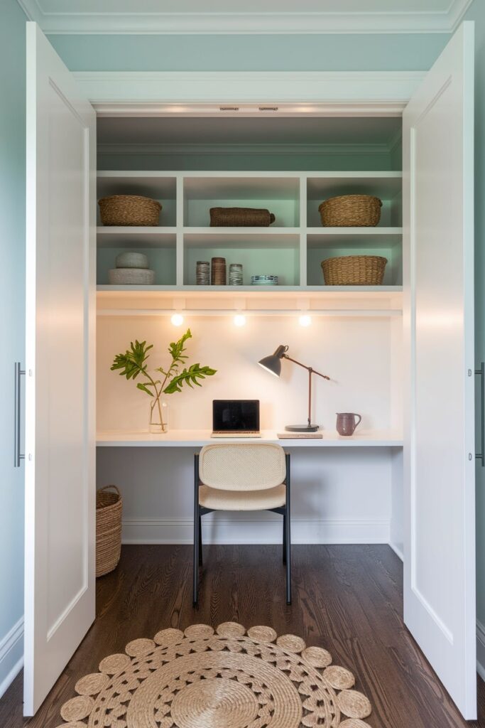 closet as a small home office, white furniture