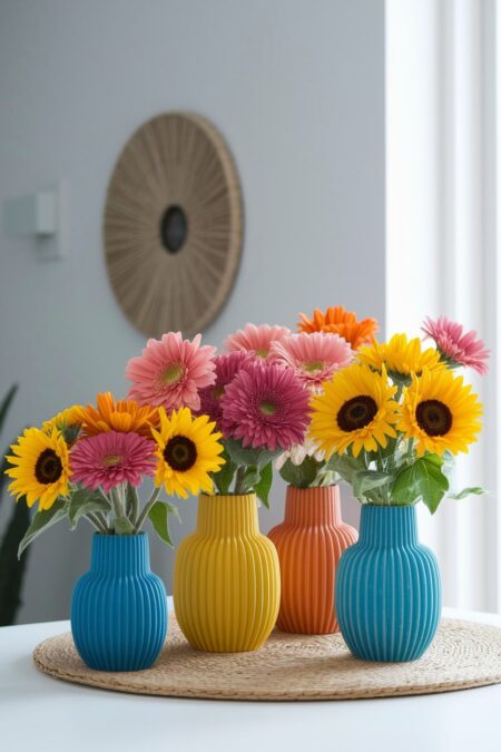 colorful decorative vases with fresh flowers, summer decor