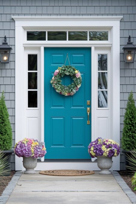 entryway with entrance door having turquoise summer hue