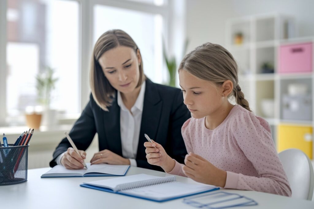 female tutor in a suit with a blonde girl student behind the desk